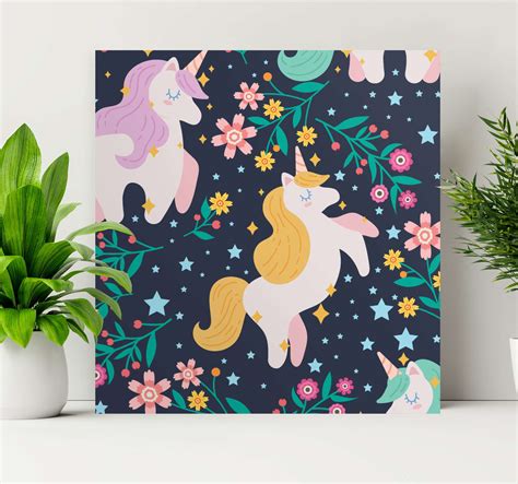 Flowers and stars unicorn canvas wall art - TenStickers