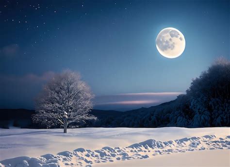 Premium AI Image | snowy landscape with a full moon in the sky