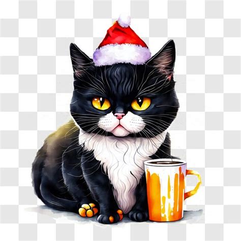 Download Adorable Black and White Cat with Santa Hat PNG Online ...