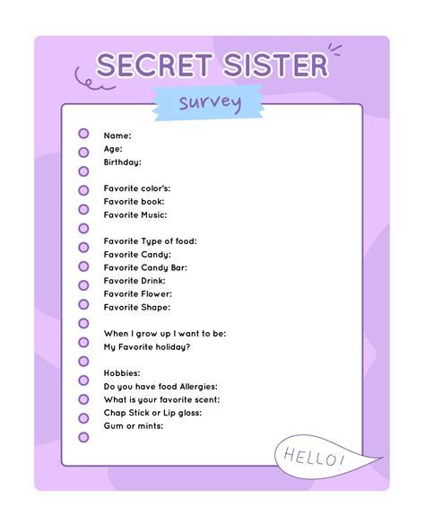 Printable Secret Sister Questionnaire - Printable Word Searches