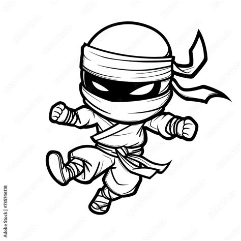 Cute ninja jump coloring page transparent background for children's cartoon style simple lines ...