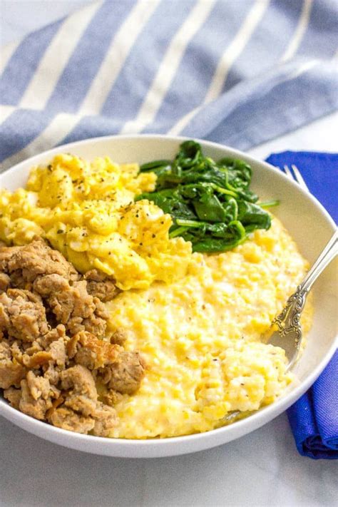 Cheesy grits breakfast bowls are loaded with crumbled sausage, soft ...