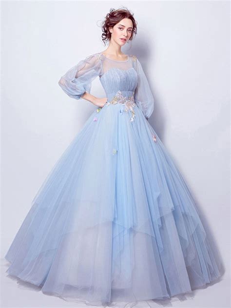 Ball Gown Scoop Neck Long Sleeve Light Blue Tulle Wedding Prom Dress