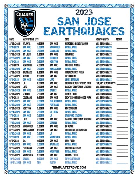 Printable2023 San Jose Earthquakes Soccer Schedule