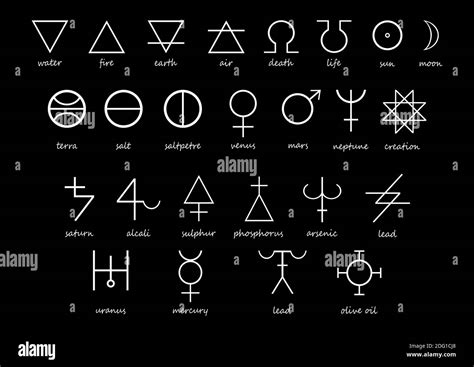 Alchemy symbols in white on black background. Black and white alchemy symbol set. Symbols of ...