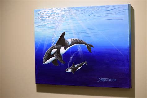 Original Acrylic Painting, Nature Orca Artwork, Realism Animal Art, Two Orcas Swimming ...