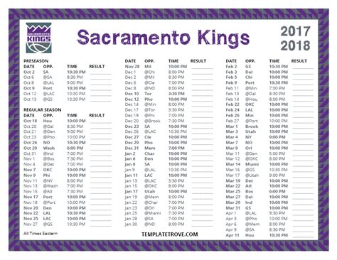 Printable 2017-2018 Sacramento Kings Schedule