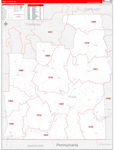 Tioga County, NY Zip Code Wall Map Red Line Style by MarketMAPS - MapSales