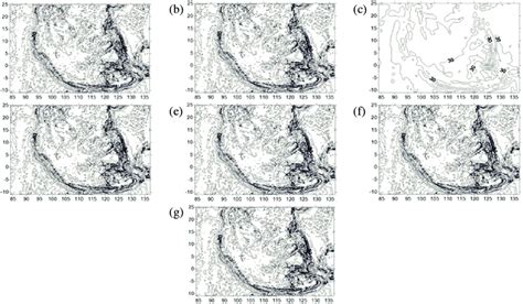 The gridding method available in Surfer 8. (a) IDTP, (b) Kriging, (c ...