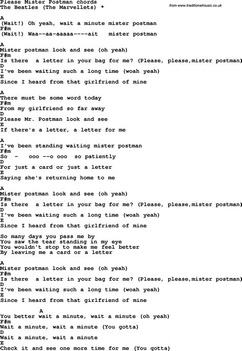 Song lyrics with guitar chords for Please Mister Postman