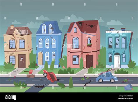 Earthquake nature disaster in small city flat cartoon vector illustration concept. Damaged house ...