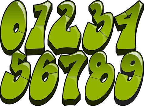 the numbers are green with black letters and numbers below each one, all in different sizes