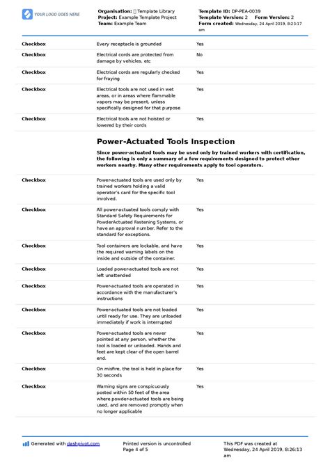 Electrical Tool Inspection Checklist (Free to use and customisable)