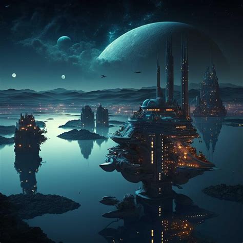 Premium Photo | A digital painting of a city with a planet in the ...