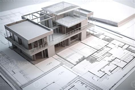 Building project plan. Blueprint of a modern house with 3d model ...