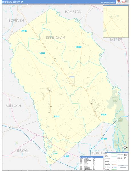 Effingham County, GA Zip Code Wall Map Basic Style by MarketMAPS - MapSales