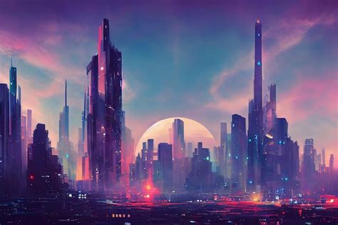 Premium Photo | Futuristic city Concept Art Cityscape with bright neon lights 3D illustration