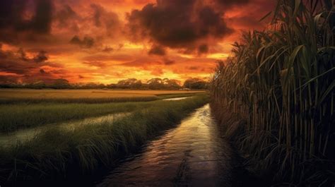 Premium AI Image | Sunset over sugar cane field