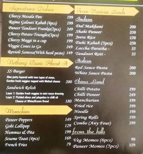 Menu of Snack Shack, Golf Course Road, Gurgaon