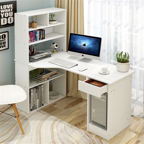 HOMCOM Modern Home Office Desk With 6-Tier Storage Shelves, 47 Writing Table With Bookshelf ...