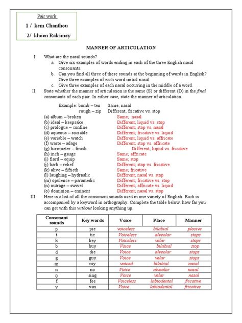 Practice Manner of Articulation | PDF | Human Voice | Phonetics