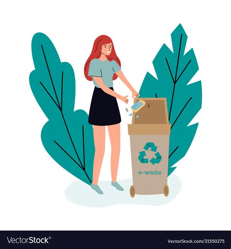 E-waste recycle bin - cartoon woman putting broken