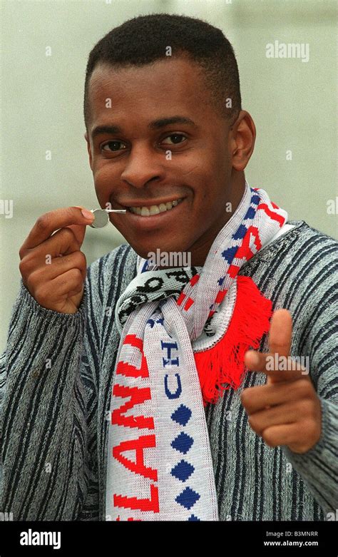 Andi Peters TV Presenter blows the whistle for England Stock Photo - Alamy