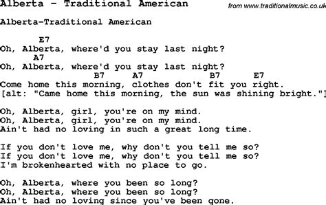 Song Alberta by Traditional American, song lyric for vocal performance ...