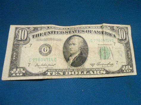 1950 10 Dollar Bill. Rare USA Currency Vintage Money 65 years old. Hamilton Banknote. Authentic ...