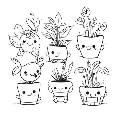 Set Of Cute Plants And Pots Outline Sketch Drawing Vector, Plant ...