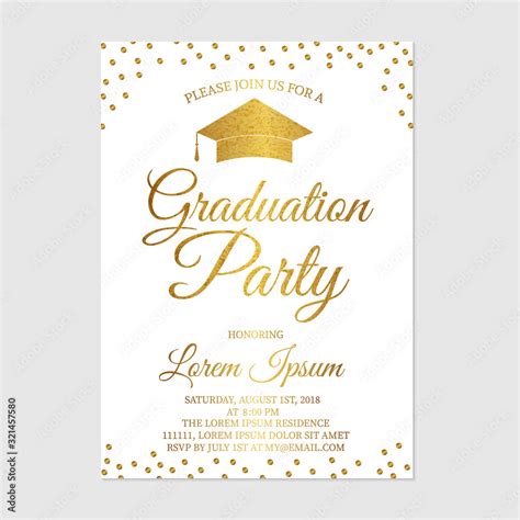 Graduation party invitation card template. Gold glitter polka dots grad ...