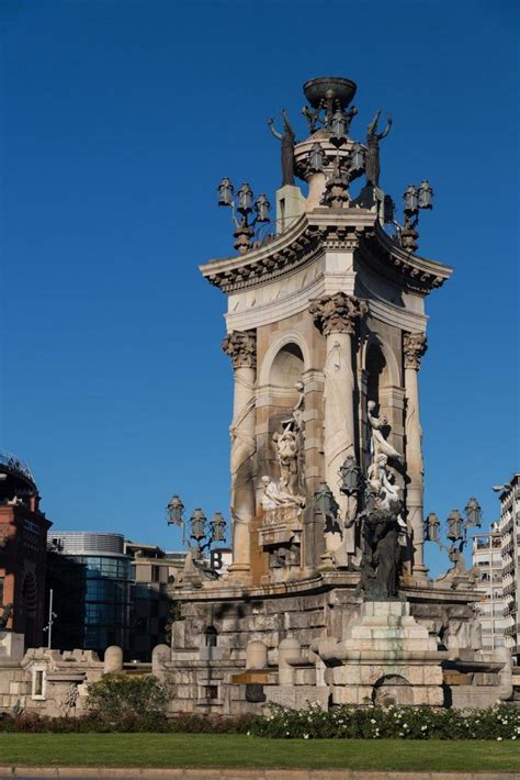 Barcelona, Spain, 2022 - Plaza de Espana fountain with National Palace ...