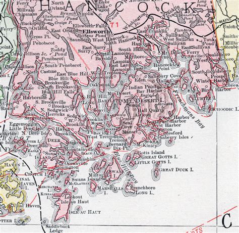 Hancock County, Maine, 1912, map, Ellsworth, Bar Harbor, Bucksport, Hancock, Blue Hill, Orland ...