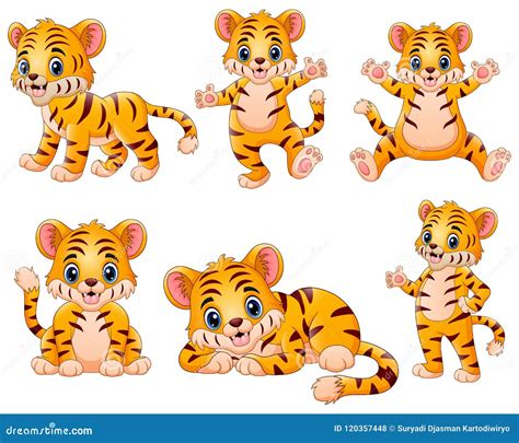 Happy Tiger Cartoon Set Collection Stock Vector - Illustration of calm ...