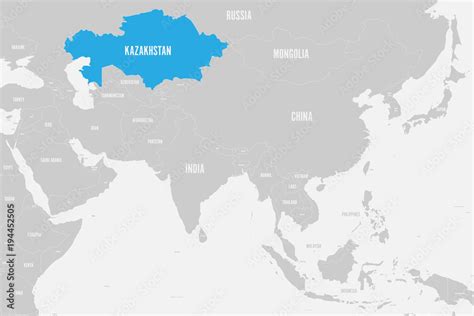 Kazakhstan blue marked in political map of Southern Asia. Vector ...