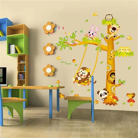 kindergarten Wall Stickers For Kids Rooms Animal Decals Monkey Swings ...