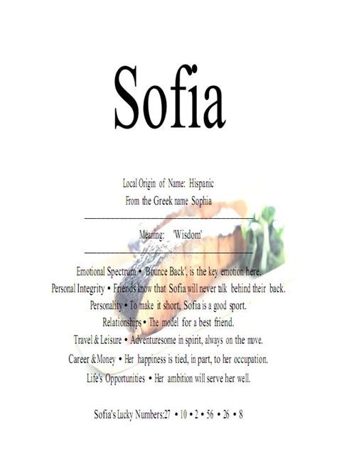 Greek Meaning: The name Sofia is a Greek baby name. In Greek the meaning of the name Sofia is ...