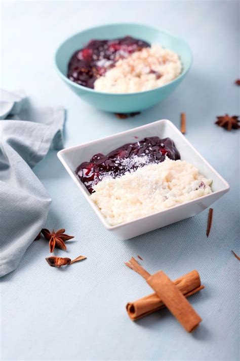 Typical Peruvian Dessert with Rice Pudding and Purple Mazamorra Stock ...