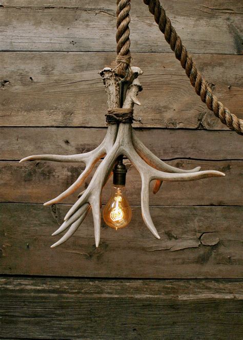 The Cabin Lit Chandelier - Antler Shed Pendant Rope Light - Hanging ceiling Accent lighting ...