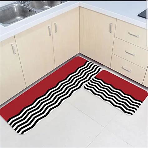 2 Piece Kitchen Mats and Rugs Set Black White and Red Chevron Geometric ...