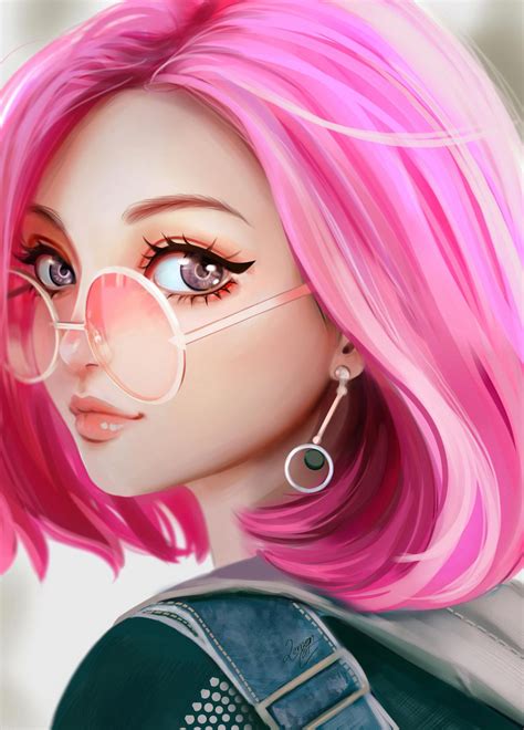 Dessin numérique visage fille manga aux cheveux roses avec des lunettes et des boucles d ...