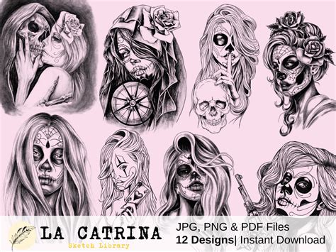 12 La Catrina TATTOO DESIGN // Digitals Stamps, Coloring Book, Jpg & Png Files, Commercial Use ...