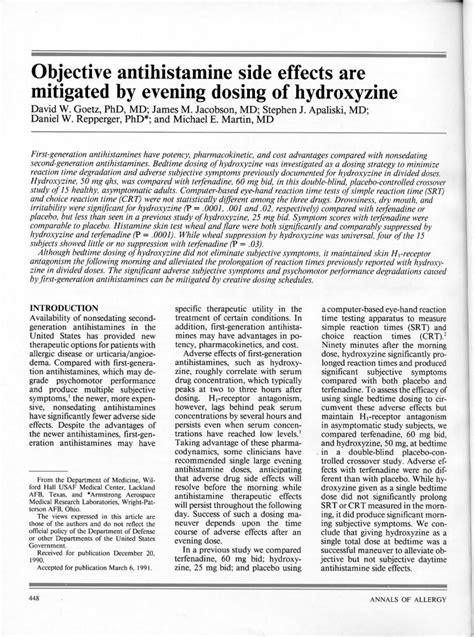 (PDF) Objective antihistamine side effects are mitigated by evening doses of hydroxyzine