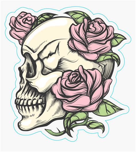 Human Skull With Roses Tattoo Style Sticker - Draw S Skull With Rose, HD Png Download ...