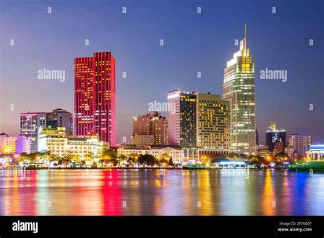 Ho Chi Minh city skyline aerial panoramic view at night. Ho Chi Minh is the largest city in ...