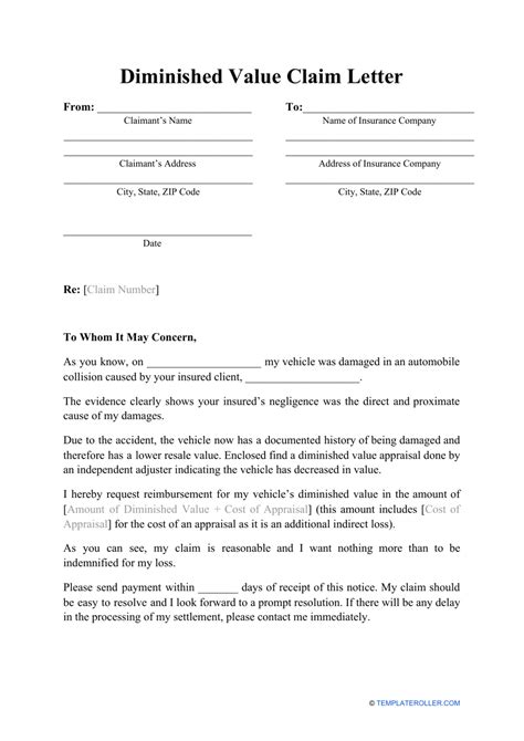 Diminished Value Claim Letter Template - Fill Out, Sign Online and Download PDF | Templateroller