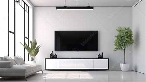 Visualized Modern Living Room With Stylish Sofa And Wall Mounted Tv Screen In 3d Rendering ...