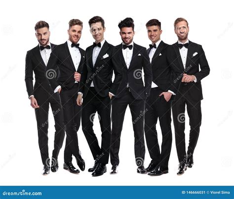 Group of Elegant Young Men in Tuxedos Standing Together Stock Image - Image of body, smile ...