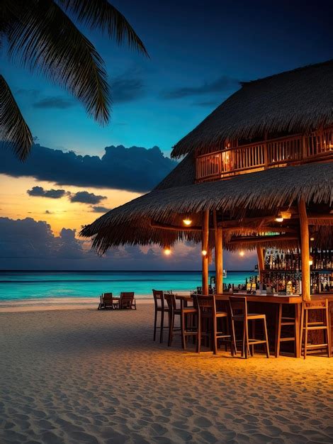 Premium AI Image | Tropical beach at Maldives at sunset with palm trees and umbrellas