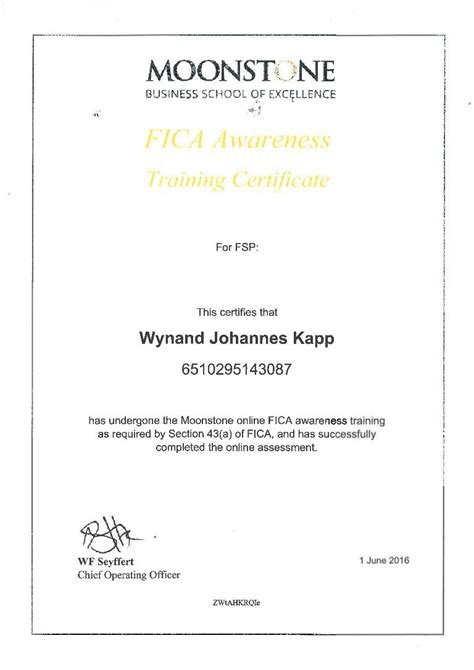 Wynand - FICA Awareness Training Certificate